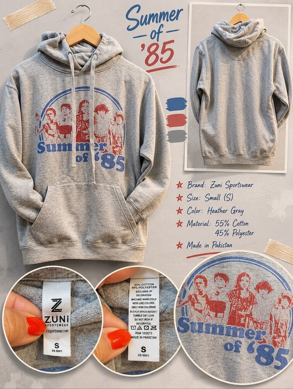 Zuni Sportswear “Summer of 85” Graphic Hoodie SMALL Cotton Blend Stranger Things